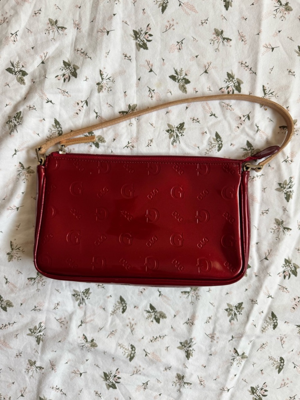 Guess Red Patent Mini Shoulder Bag with Cream Strap